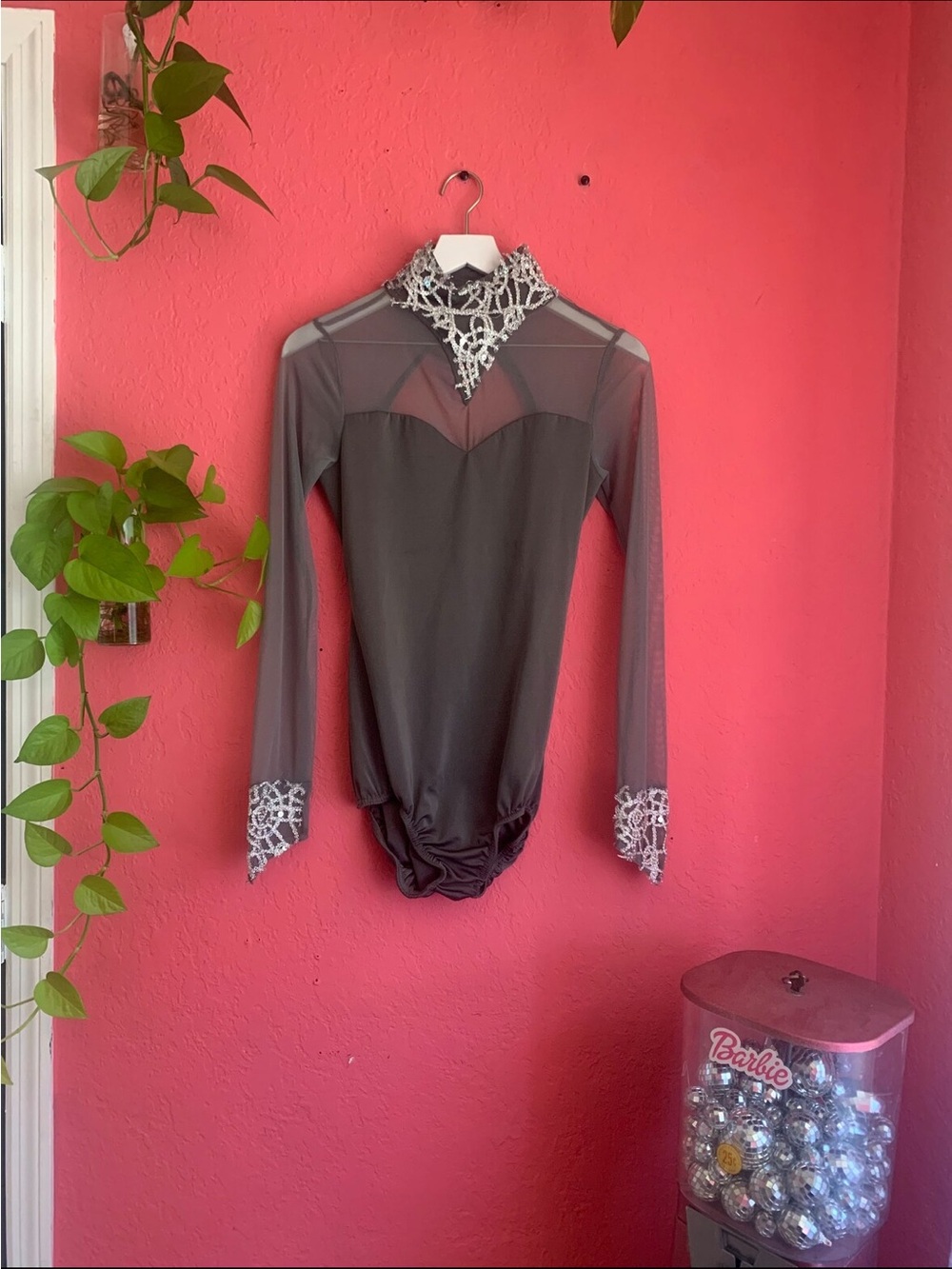 Black Sheer Long-Sleeve Ice Skating/Dance Leotard with Embellished Collar